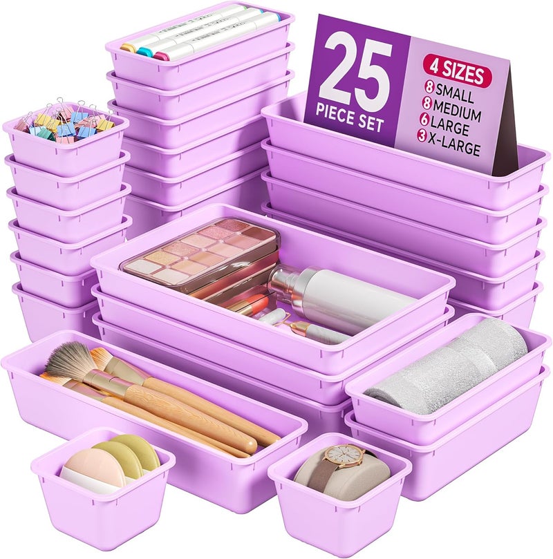 KEMETHY 25 PCS Plastic Drawer Organizers Set, 4 Sizes Vanity Organizer, Makeup and Desk Drawer Organizer Trays, Organization and Storage for Makeup, Bathroom, Kitchen Utensils and Office (Purple) - Image 1
